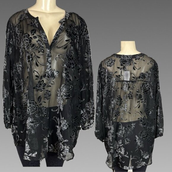 Torrid +6 Black Burnout Floral Split Button Neck Curved Hem 3/4 Sleeve Blouse - Picture 1 of 6